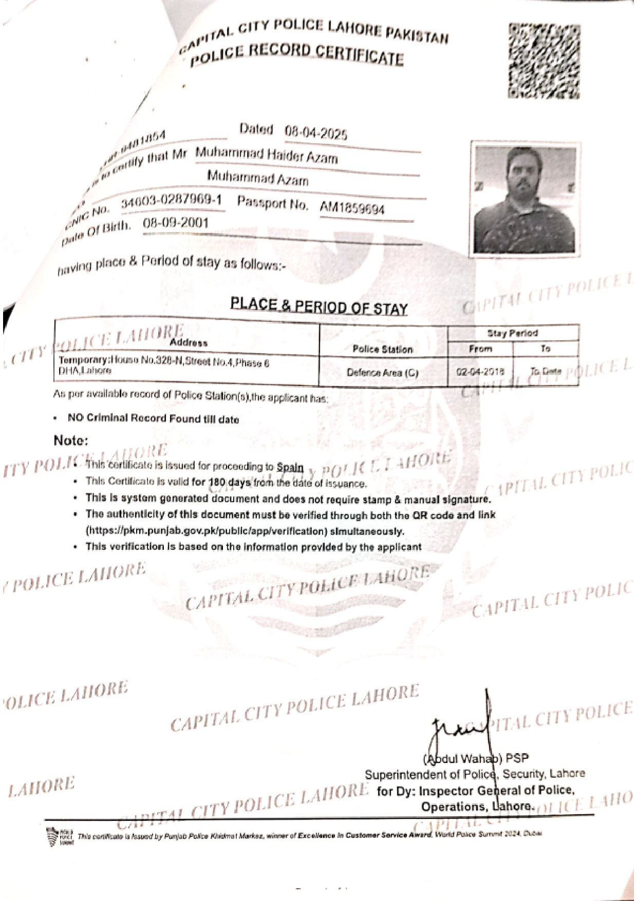 Police clearance certificate with apostille stamp