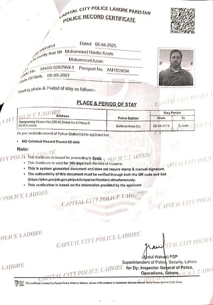 Sample Police Character Certificate (PCC) document