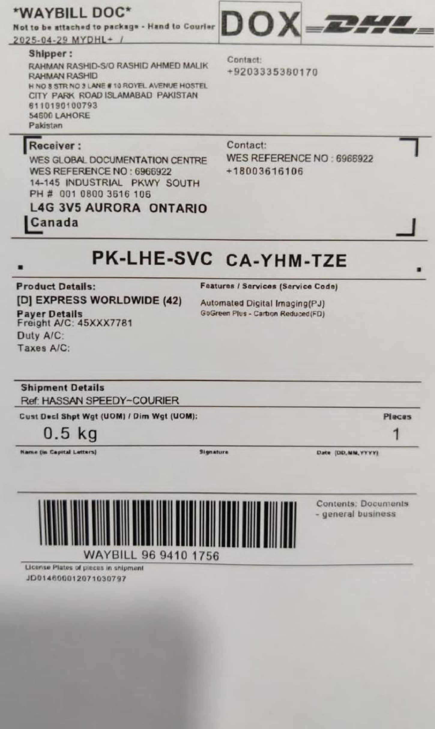 Sample WES Verification (Canada) Document